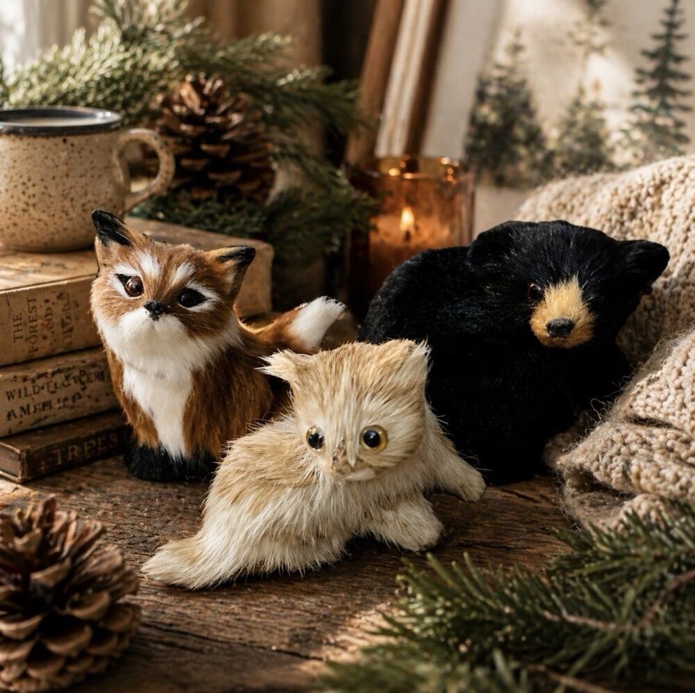 Vintage Woodland Animal Figurines Set Fox Bear Kitten Cottagecore Cabin Decor - Picture 1 of 7